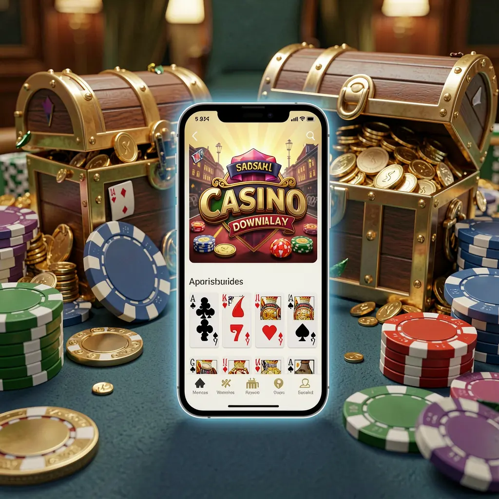 Glowing smartphone displaying BDT6 Casino APK app layout with treasure chest, chips, and coins nearby in a luxury 3D render