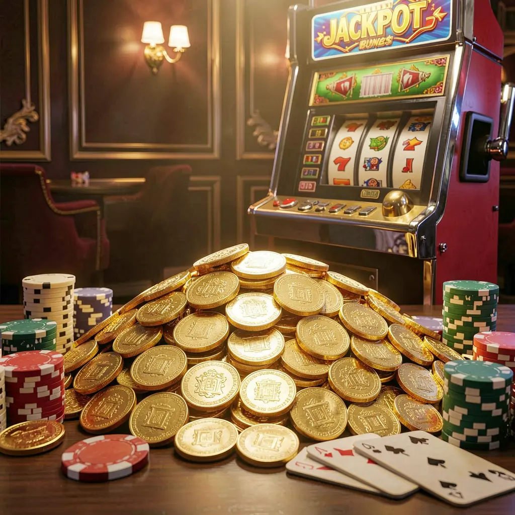 BDT6 jackpot bonus scene featuring a huge pile of golden coins, a slot machine in the background, poker chips, and playing cards illuminated by cinematic luxury lighting