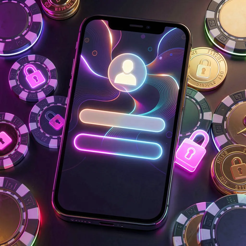 BDT6 mobile gaming login page concept showing a smartphone with an abstract login interface featuring user and lock icons, surrounded by casino chips and coins under luxury neon lighting