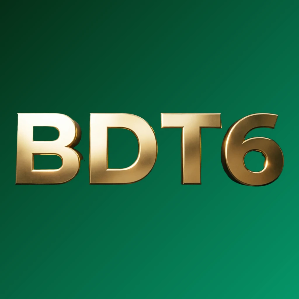 3D metallic BDT6 logo with glossy gold letters and dramatic lighting, showcasing premium casino branding in a wide horizontal rectangular wordmark with a transparent background