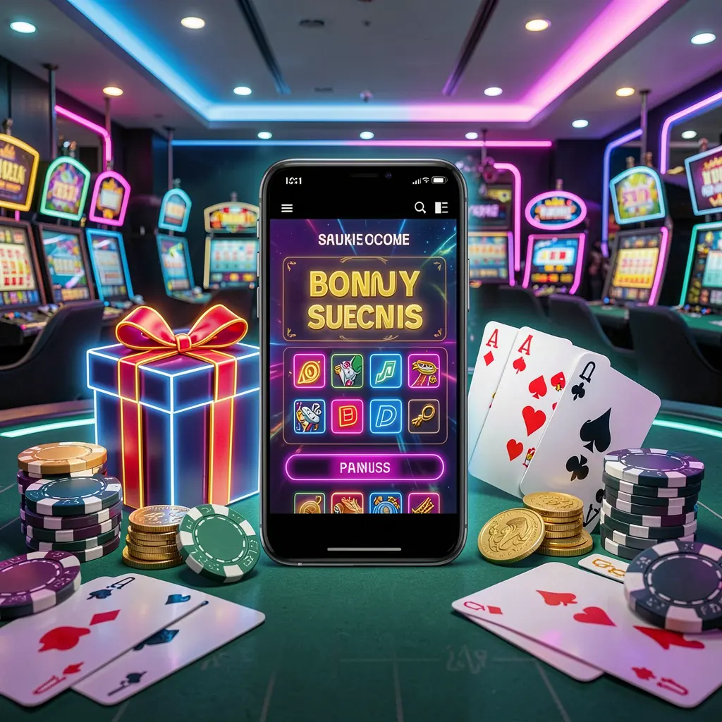 Modern casino website hero scene featuring a smartphone with a glowing interface surrounded by bonus gift box, chips, coins, and playing cards in a premium neon casino style, showcasing BDT6 responsible gaming